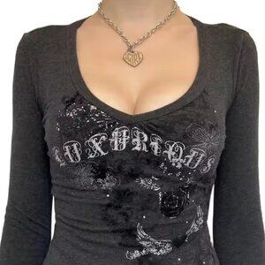 Women Long Sleeve T-shirt Graphic Gothic Print Punk Grunge Y2K Aesthetic Tee Top